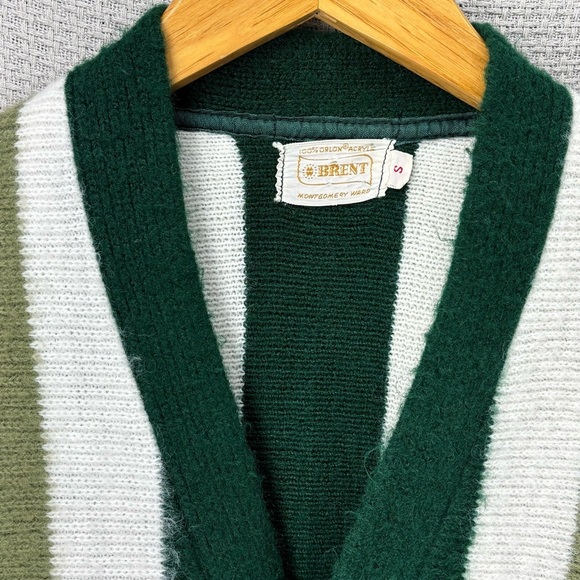 Vtg 60s Brent Montgomery Ward Cardigan Sweater Men S Green Striped Mohair Wool - Picture 2 of 10